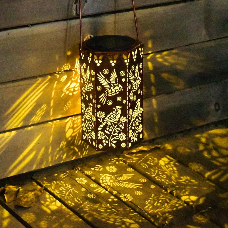 KIKUSUI Solar Cardinal Lanterns Outdoor Hanging Lights, Gifts for Mom Dad Men Women, Hollowed-Out Metal Decor Lantern, Waterproof LED Decorative Garden Light - Image 4